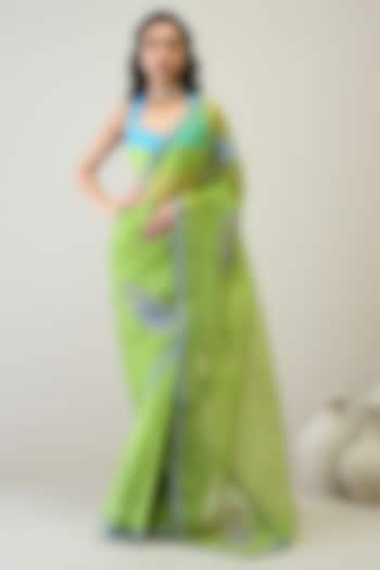 Vibrant Green Silk Organza Patch Work Saree Set by RoohbyRidhimaa at Pernia's Pop Up Shop