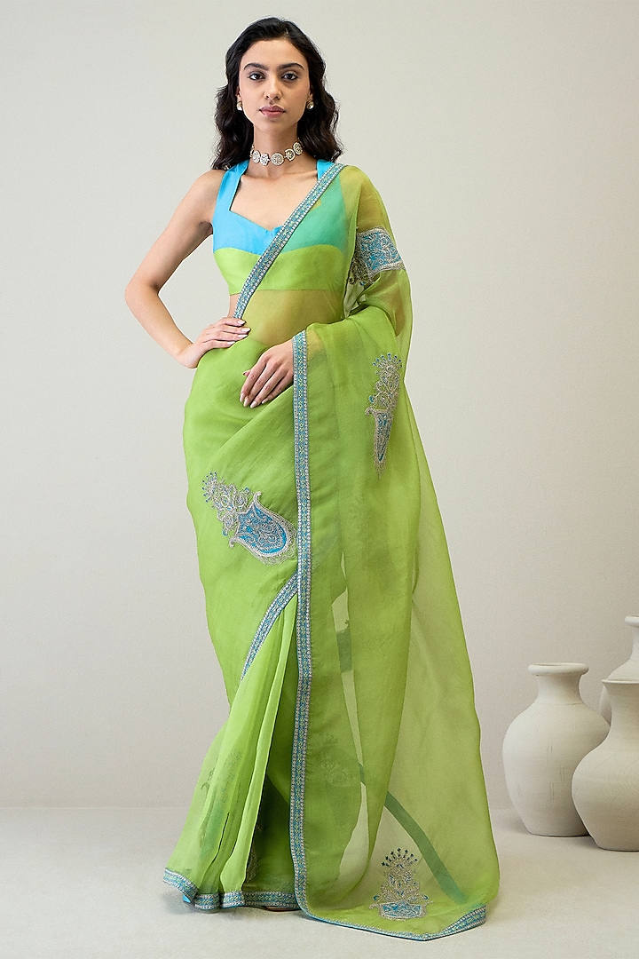 Vibrant Green Silk Organza Patch Work Saree Set by RoohbyRidhimaa at Pernia's Pop Up Shop