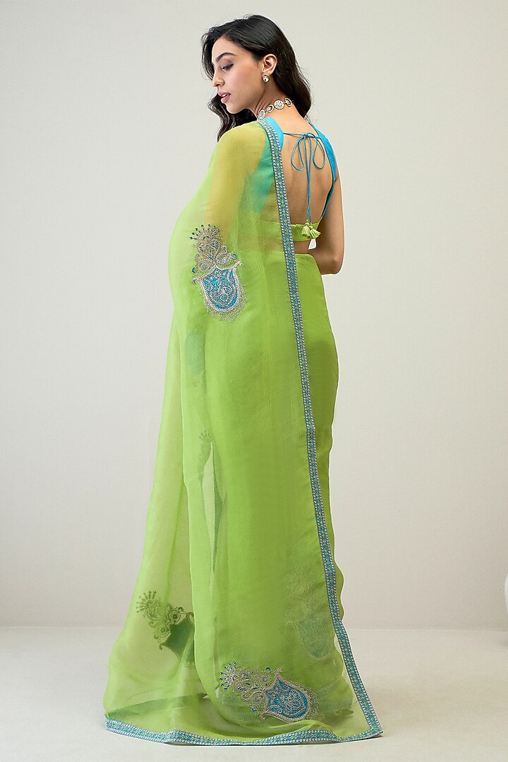 Vibrant Green Silk Organza Patch Work Wedding Saree Set by RoohbyRidhimaa at Pernia's Pop Up Shop