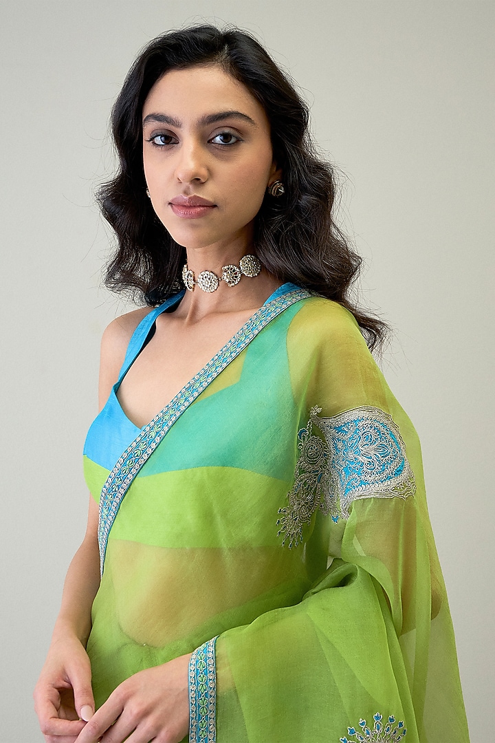 Vibrant Green Silk Organza Patch Work Wedding Saree Set by RoohbyRidhimaa at Pernia's Pop Up Shop