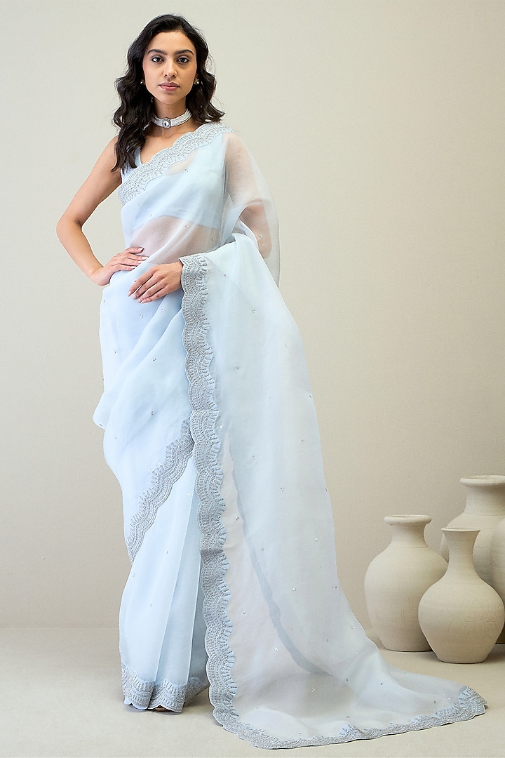 Ice Blue Silk Organza Sequin Hand Embroidered Saree Set by RoohbyRidhimaa at Pernia's Pop Up Shop