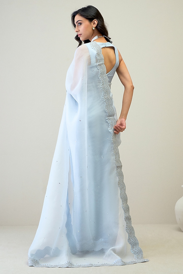 Ice Blue Silk Organza Sequin Hand Embroidered Wedding Saree Set by RoohbyRidhimaa at Pernia's Pop Up Shop