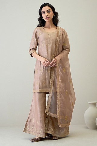 Mocha Brown Viscose Raw Silk Gharara Set by RoohbyRidhimaa
