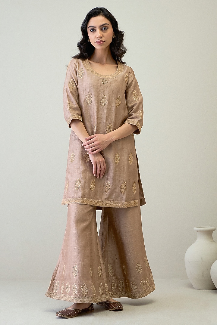 Mocha Brown Viscose Raw Silk Gharara Set by RoohbyRidhimaa at Pernia's Pop Up Shop