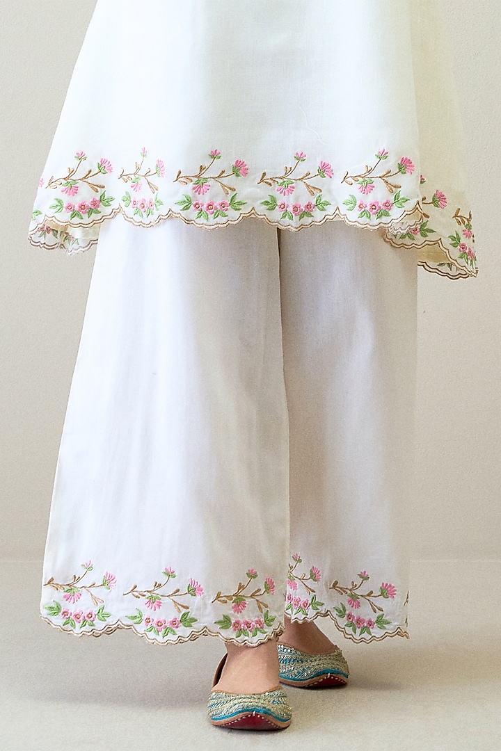 White Shimmer Cotton Resham Embroidered High-Low Kurta Set by RoohbyRidhimaa at Pernia's Pop Up Shop