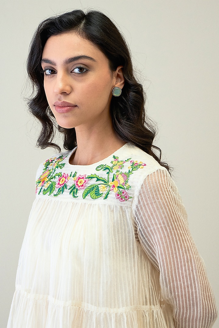 Ivory & Green Handloom Silk Organza Resham Embroidered Co-Ord Set by RoohbyRidhimaa at Pernia's Pop Up Shop