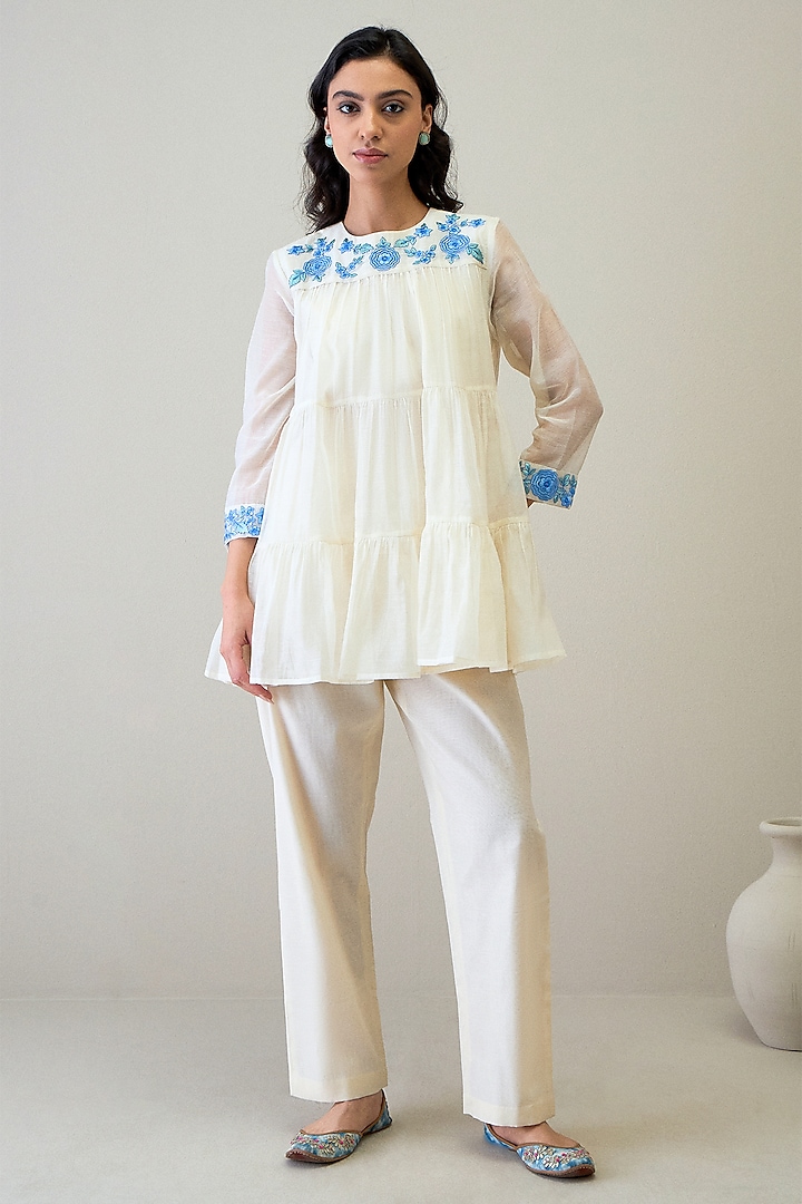 Ivory & Blue Handloom Silk Organza Resham Embroidered Co-Ord Set by RoohbyRidhimaa at Pernia's Pop Up Shop