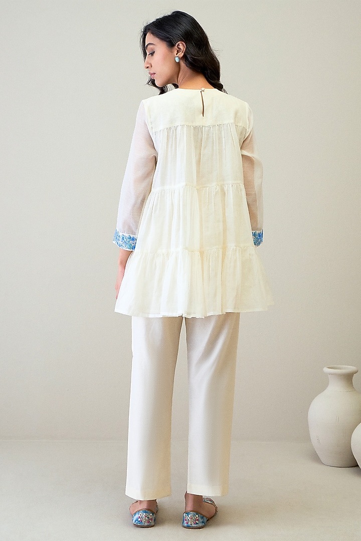 Ivory & Blue Handloom Silk Organza Resham Embroidered Co-Ord Set by RoohbyRidhimaa at Pernia's Pop Up Shop
