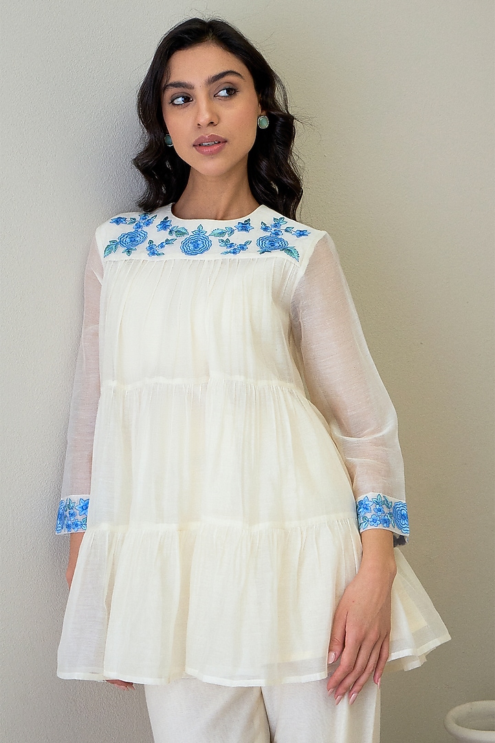 Ivory & Blue Handloom Silk Organza Resham Embroidered Co-Ord Set by RoohbyRidhimaa at Pernia's Pop Up Shop