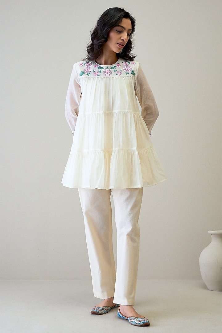 Ivory & Pink Handloom Silk Organza Resham Embroidered Co-Ord Set by RoohbyRidhimaa at Pernia's Pop Up Shop