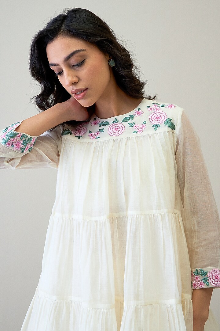 Ivory & Pink Handloom Silk Organza Resham Embroidered Co-Ord Set by RoohbyRidhimaa at Pernia's Pop Up Shop