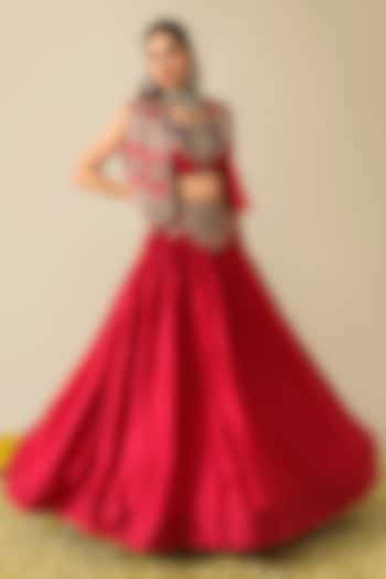 Deep Rose Silk Satin Zari Embellished Wedding Lehenga Set by RoohbyRidhimaa at Pernia's Pop Up Shop