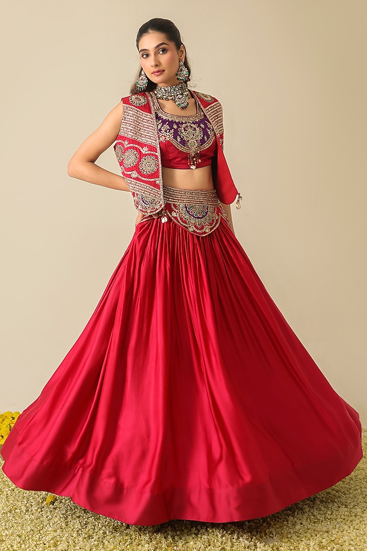Deep Rose Silk Satin Zari Embellished Wedding Lehenga Set by RoohbyRidhimaa at Pernia's Pop Up Shop