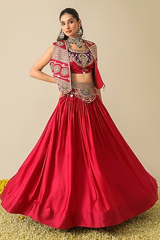 Deep Rose Silk Satin Zari Embellished Lehenga Set by RoohbyRidhimaa