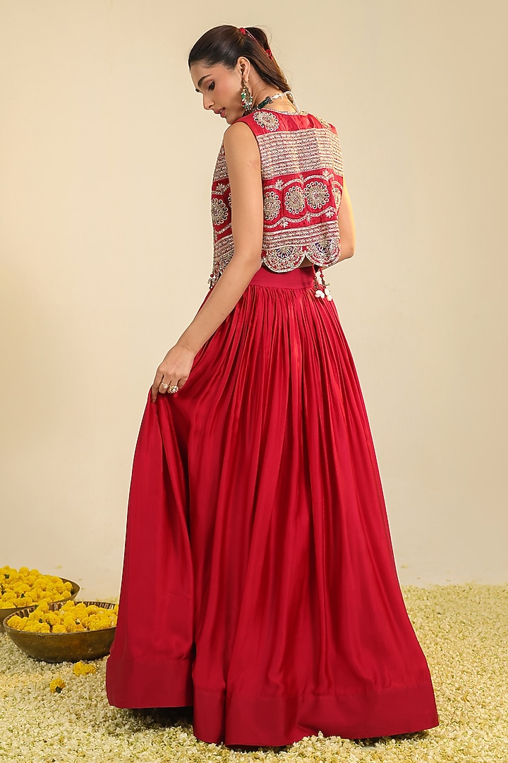 Deep Rose Silk Satin Zari Embellished Wedding Lehenga Set by RoohbyRidhimaa at Pernia's Pop Up Shop