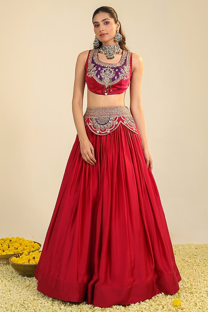 Deep Rose Silk Satin Zari Embellished Wedding Lehenga Set by RoohbyRidhimaa at Pernia's Pop Up Shop