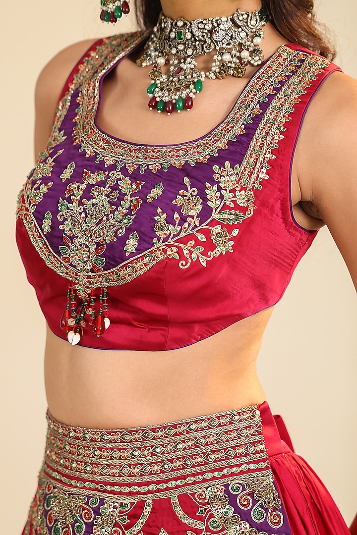 Deep Rose Silk Satin Zari Embellished Wedding Lehenga Set by RoohbyRidhimaa at Pernia's Pop Up Shop