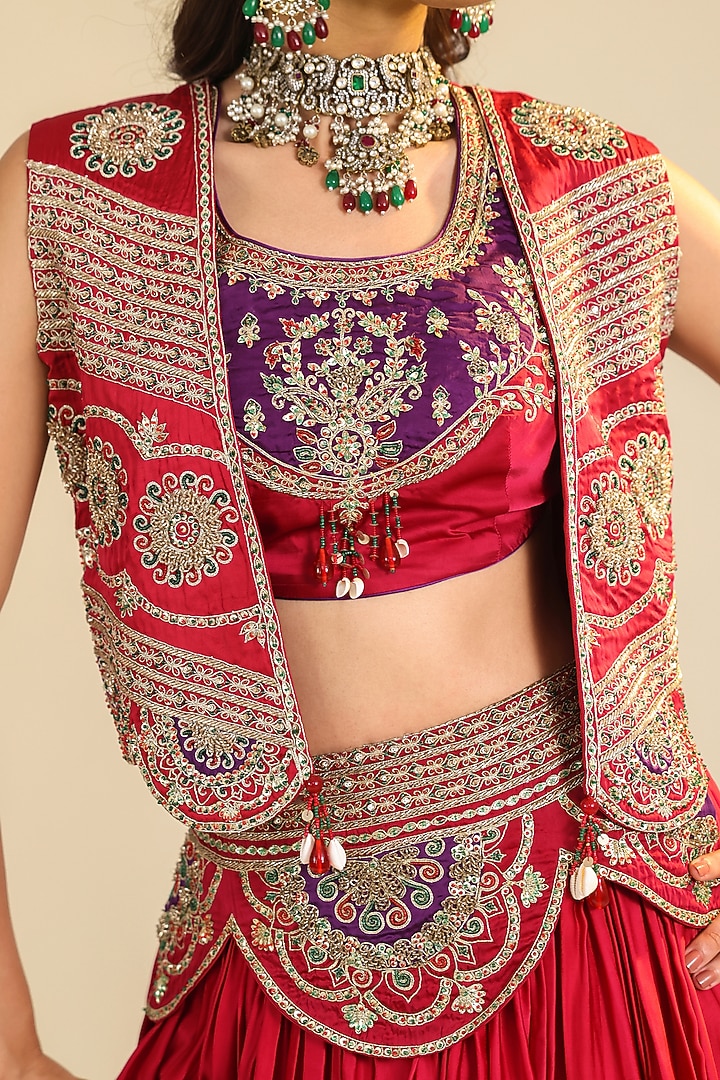 Deep Rose Silk Satin Zari Embellished Wedding Lehenga Set by RoohbyRidhimaa at Pernia's Pop Up Shop