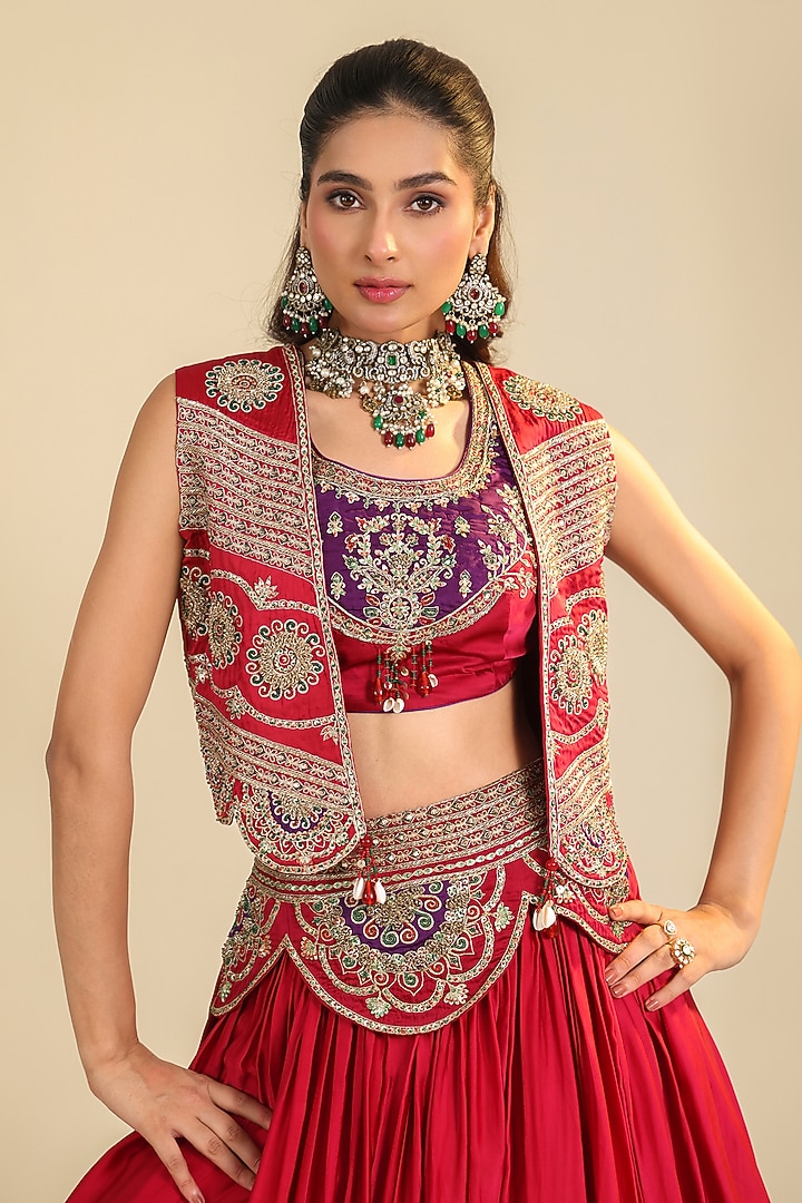 Deep Rose Silk Satin Zari Embellished Wedding Lehenga Set by RoohbyRidhimaa at Pernia's Pop Up Shop