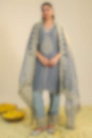 Mist Blue Organza Zari Embellished Kurta Set by RoohbyRidhimaa at Pernia's Pop Up Shop