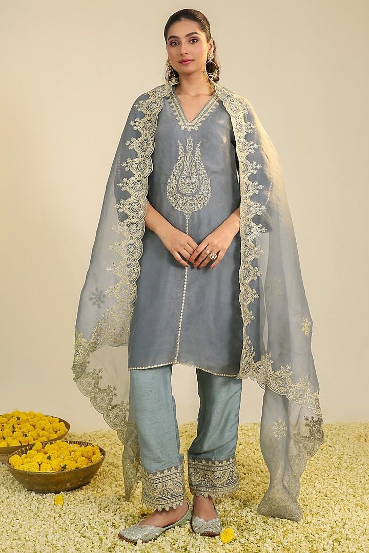 Mist Blue Organza Zari Embellished Kurta Set by RoohbyRidhimaa at Pernia's Pop Up Shop