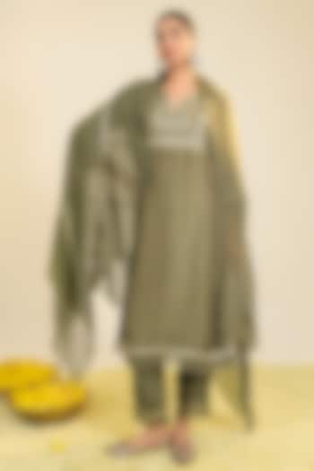 Olive Green Viscose Raw Silk Thread Embroidered Kurta Set by RoohbyRidhimaa at Pernia's Pop Up Shop