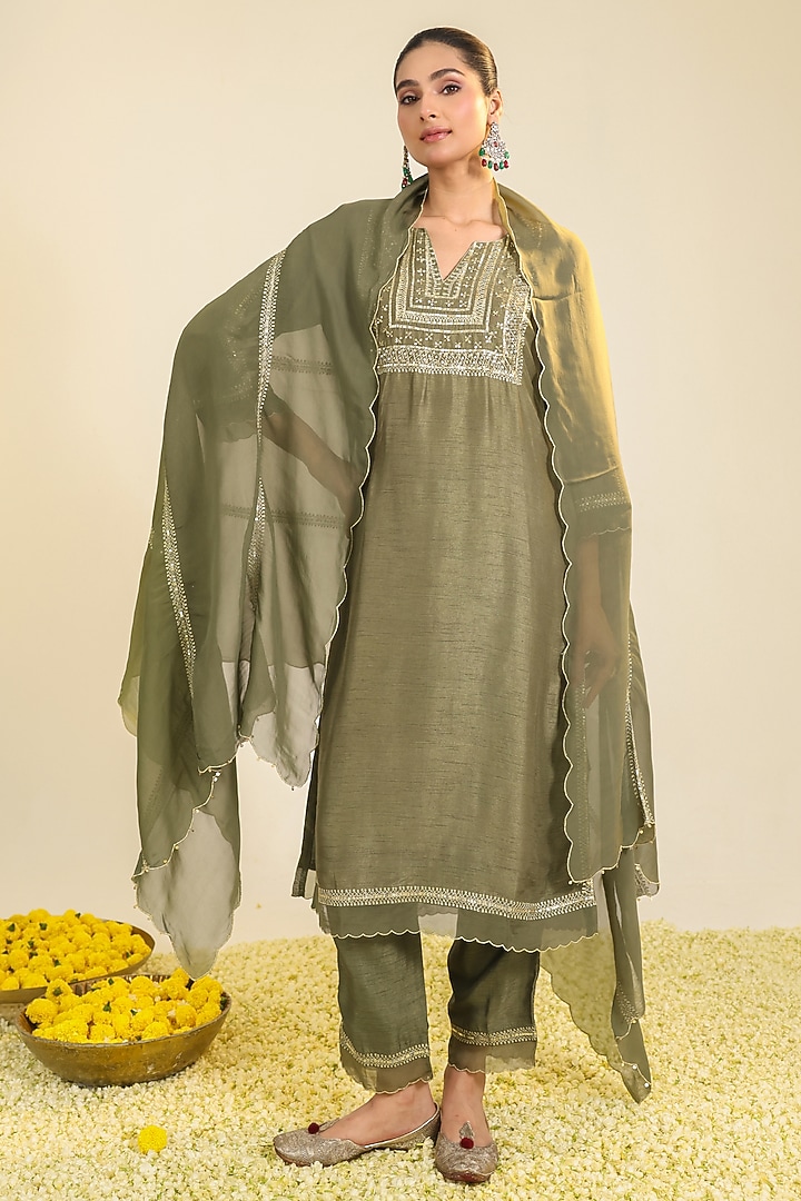 Olive Green Viscose Raw Silk Thread Embroidered Kurta Set by RoohbyRidhimaa at Pernia's Pop Up Shop