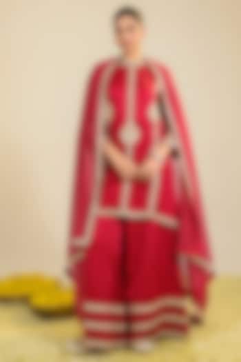 Red Silk Satin Zari Embroidered Kurta Set by RoohbyRidhimaa at Pernia's Pop Up Shop