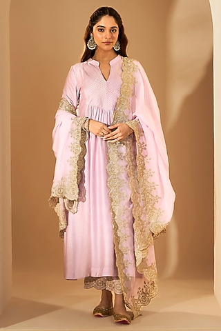 Lilac Viscose Raw Silk Embroidered Kurta Set by RoohbyRidhimaa