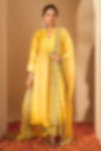 Mustard Yellow Viscose Raw Silk Embroidered Kurta Set by RoohbyRidhimaa at Pernia's Pop Up Shop