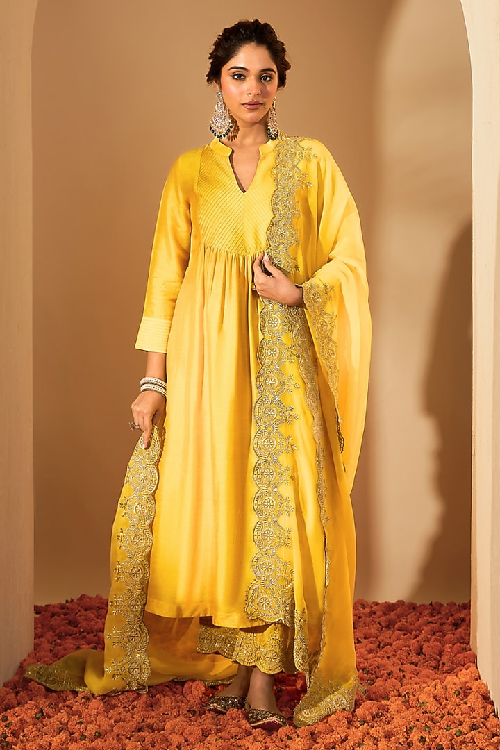 Mustard Yellow Viscose Raw Silk Embroidered Kurta Set by RoohbyRidhimaa at Pernia's Pop Up Shop
