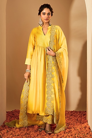 Mustard Yellow Viscose Raw Silk Embroidered Kurta Set by RoohbyRidhimaa