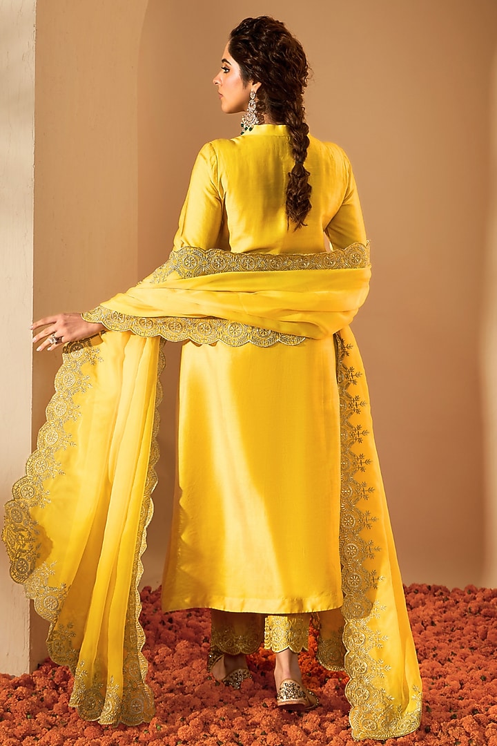 Mustard Yellow Viscose Raw Silk Embroidered Kurta Set by RoohbyRidhimaa at Pernia's Pop Up Shop