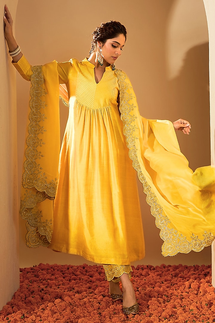 Mustard Yellow Viscose Raw Silk Embroidered Kurta Set by RoohbyRidhimaa at Pernia's Pop Up Shop