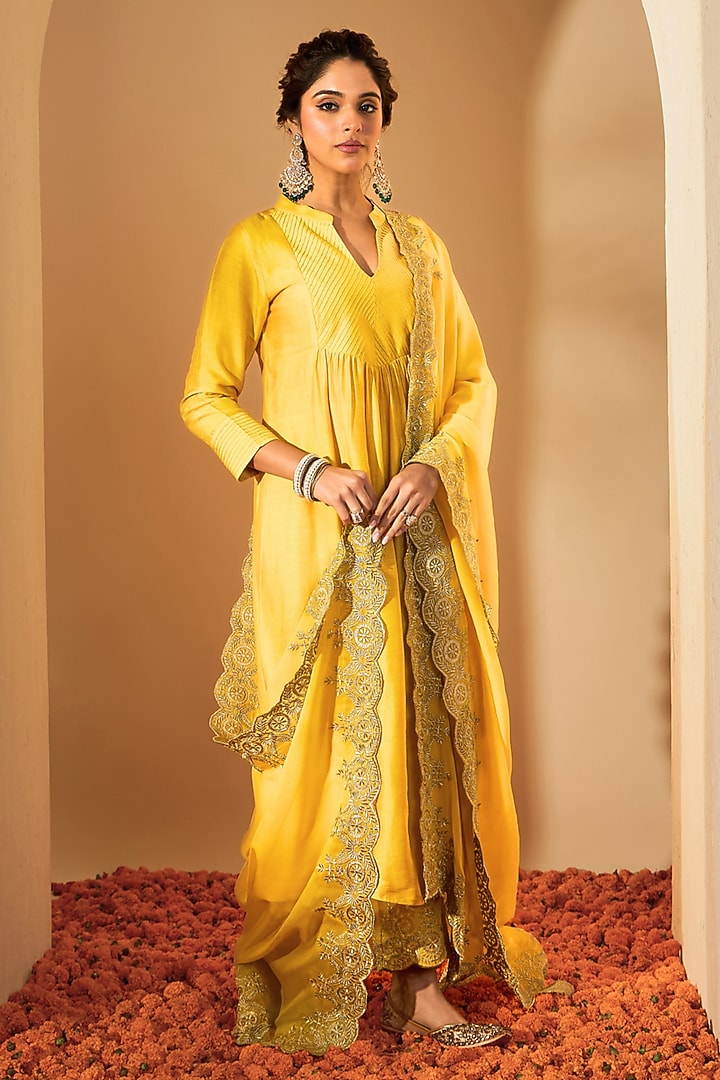Mustard Yellow Viscose Raw Silk Embroidered Kurta Set by RoohbyRidhimaa at Pernia's Pop Up Shop