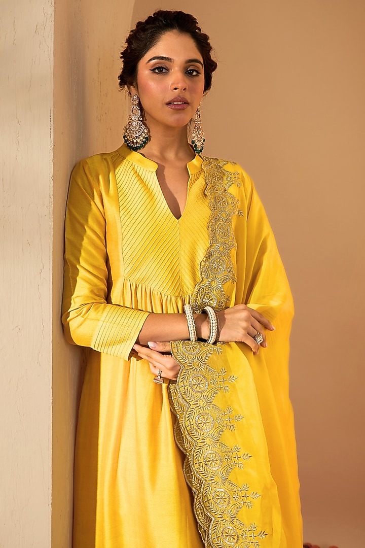 Mustard Yellow Viscose Raw Silk Embroidered Kurta Set by RoohbyRidhimaa at Pernia's Pop Up Shop