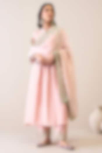 Pastel Pink Viscose Raw Silk Embroidered Kurta Set by RoohbyRidhimaa at Pernia's Pop Up Shop