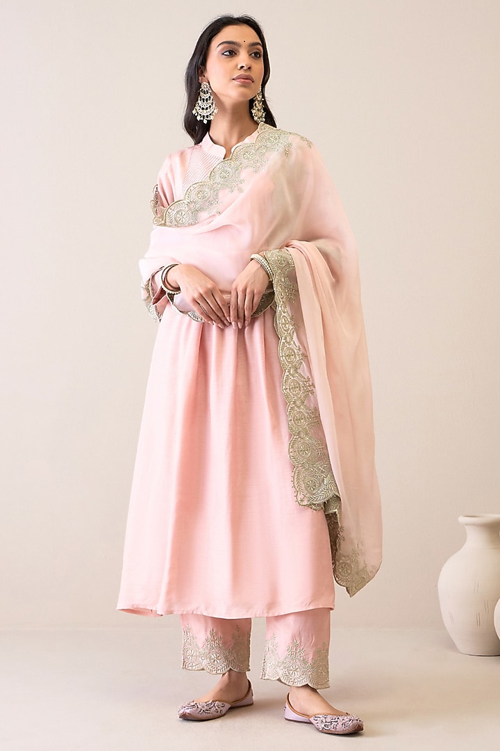 Pastel Pink Viscose Raw Silk Embroidered Kurta Set by RoohbyRidhimaa at Pernia's Pop Up Shop