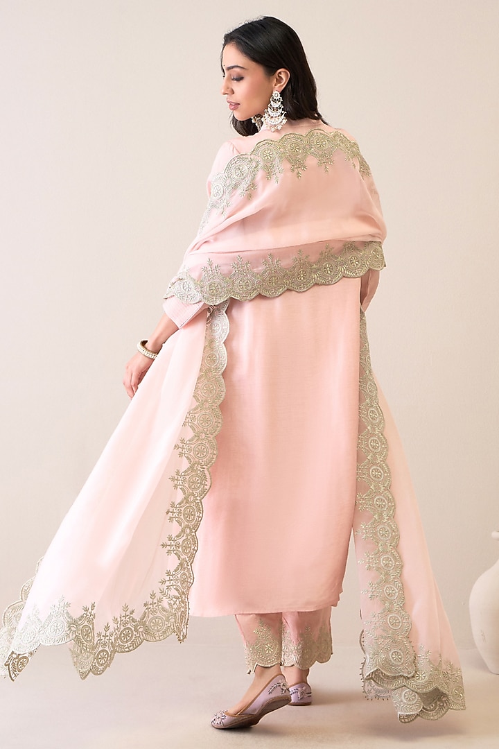 Pastel Pink Viscose Raw Silk Embroidered Kurta Set by RoohbyRidhimaa at Pernia's Pop Up Shop
