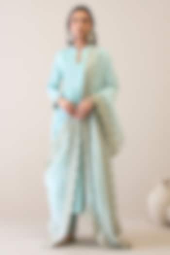 Pastel Blue Viscose Raw Silk Embroidered Kurta Set by RoohbyRidhimaa at Pernia's Pop Up Shop
