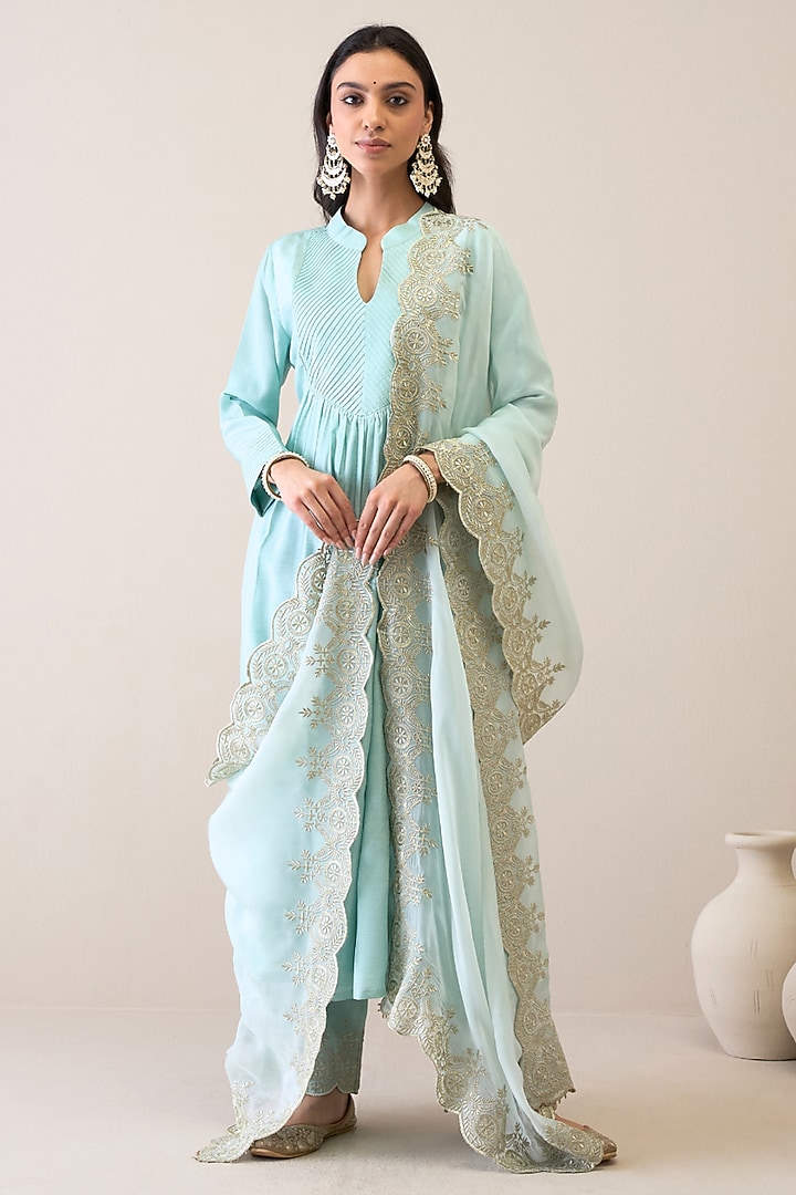 Pastel Blue Viscose Raw Silk Embroidered Kurta Set by RoohbyRidhimaa at Pernia's Pop Up Shop