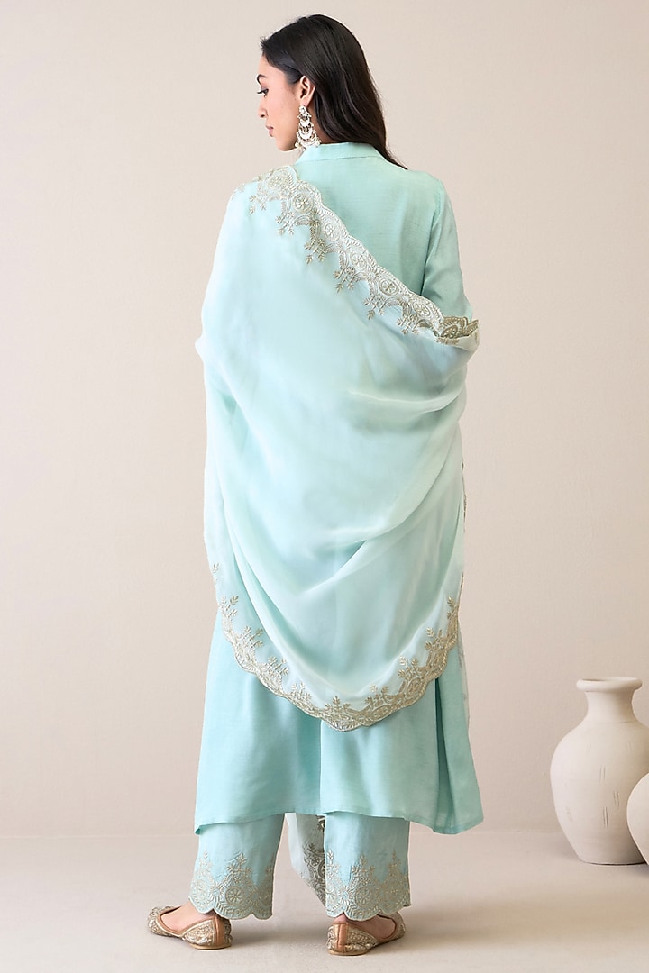 Pastel Blue Viscose Raw Silk Embroidered Kurta Set by RoohbyRidhimaa at Pernia's Pop Up Shop