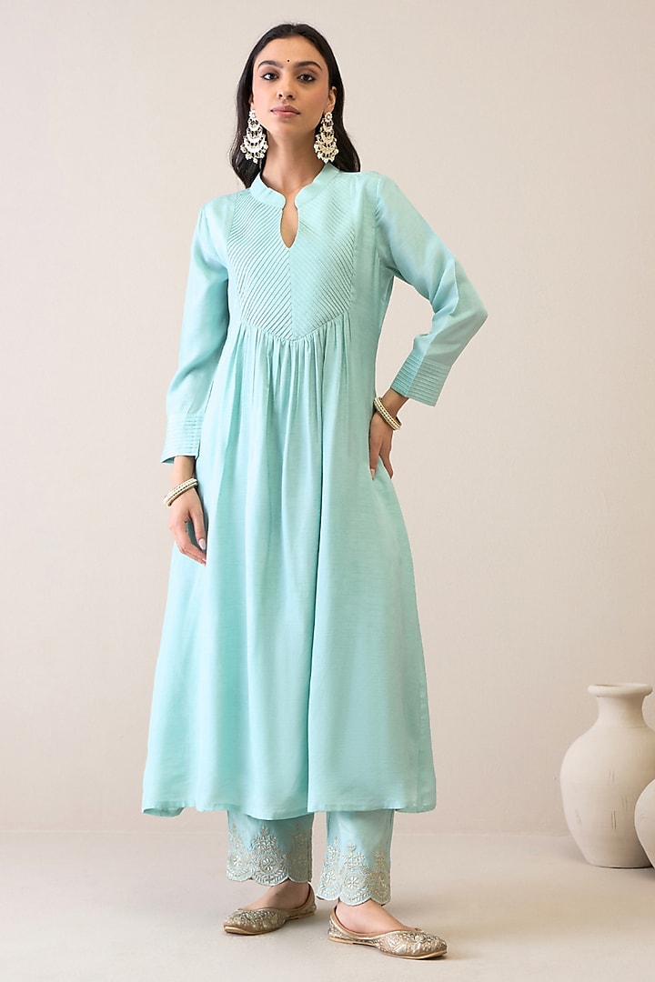 Pastel Blue Viscose Raw Silk Embroidered Kurta Set by RoohbyRidhimaa at Pernia's Pop Up Shop