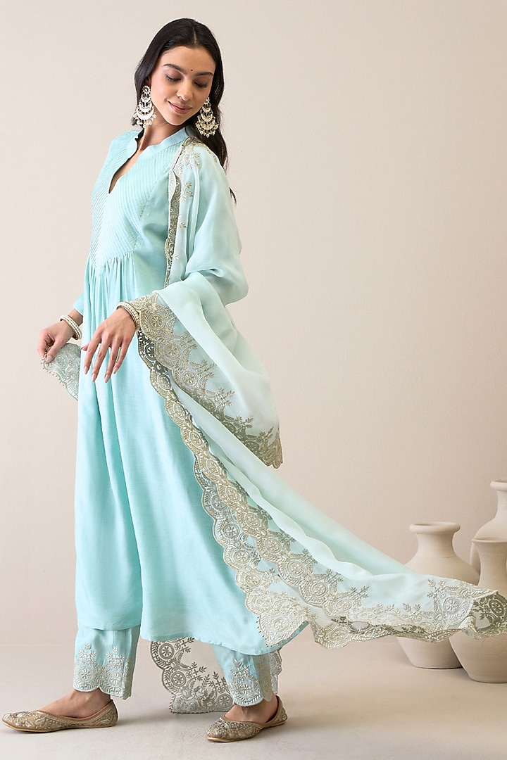 Pastel Blue Viscose Raw Silk Embroidered Kurta Set by RoohbyRidhimaa at Pernia's Pop Up Shop