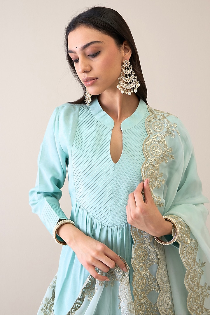 Pastel Blue Viscose Raw Silk Embroidered Kurta Set by RoohbyRidhimaa at Pernia's Pop Up Shop