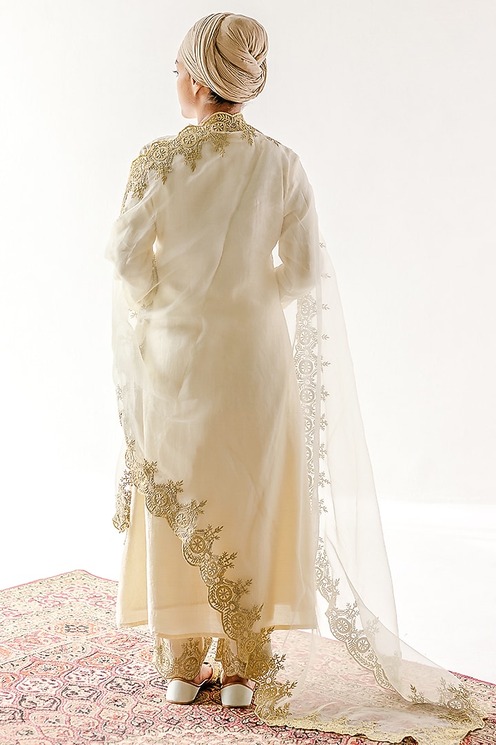 Ivory Viscose Raw Silk Embroidered Kurta Set by RoohbyRidhimaa at Pernia's Pop Up Shop