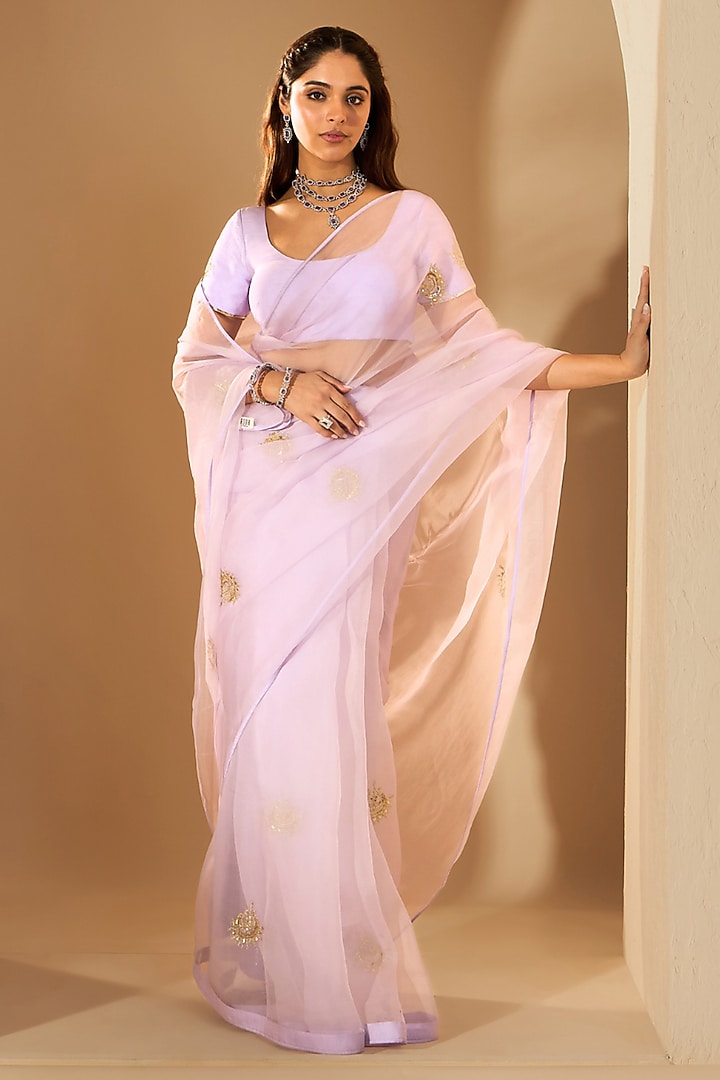 Lilac Silk Organza Zari Embroidered Party Wear Saree Set by RoohbyRidhimaa at Pernia's Pop Up Shop