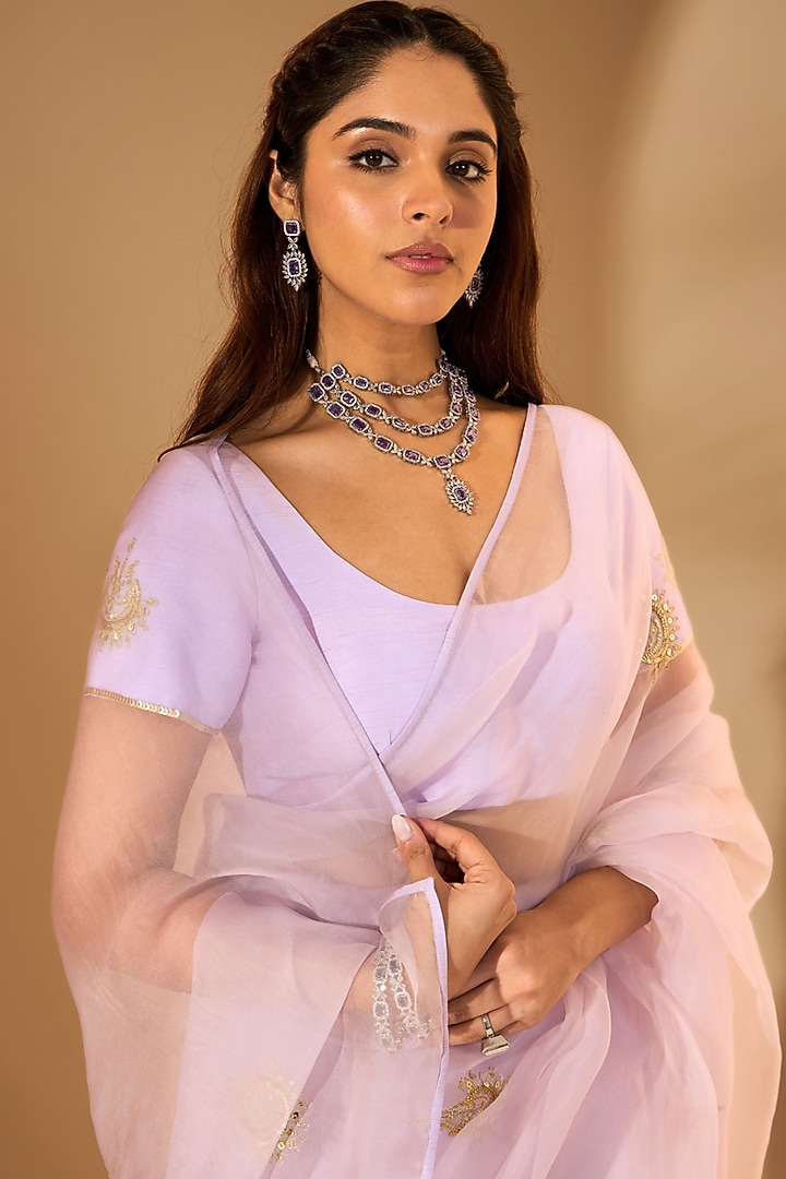 Lilac Silk Organza Zari Embroidered Party Wear Saree Set by RoohbyRidhimaa at Pernia's Pop Up Shop