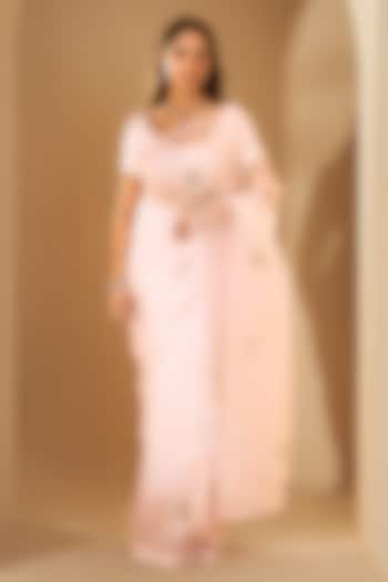 Powder Pink Silk Organza Zari Embroidered Party Wear Saree Set by RoohbyRidhimaa at Pernia's Pop Up Shop