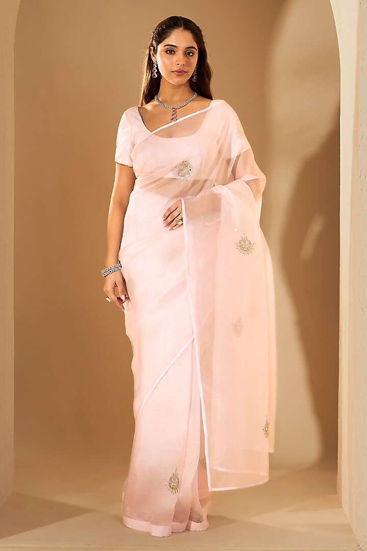 Powder Pink Silk Organza Zari Embroidered Party Wear Saree Set by RoohbyRidhimaa at Pernia's Pop Up Shop